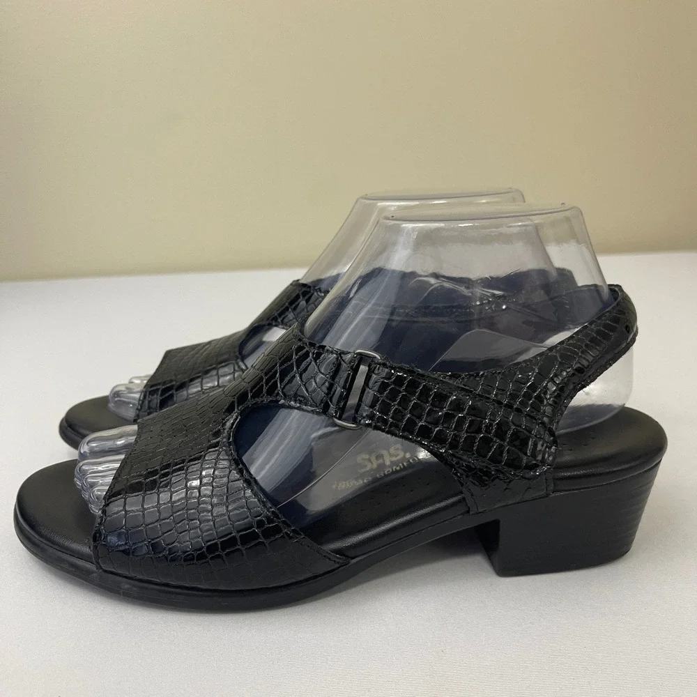 SAS Suntimer 7.5W‎ Black Croc Embossed Slingback Comfort Block Heel Sandals